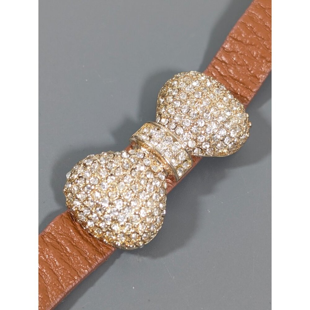 Brown Leather Rhinestone Pave Bow Snap Cuff‎ Bracelet 7 inch